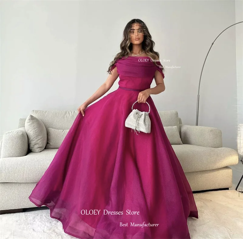 OlOEY Saudi Arabic Women Fuschia Organza Silk Evening Dresses Off the Shoulder Floor Length Prom Gowns Long Formal Party