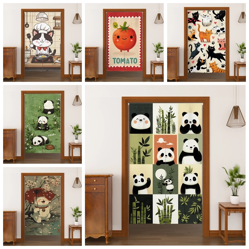 Cute Animal Noren Door Curtains Panda Cat Chef Tomato Pattern Linen Doorway Curtains Kitchen Entrance Split Hanging Half Curtain