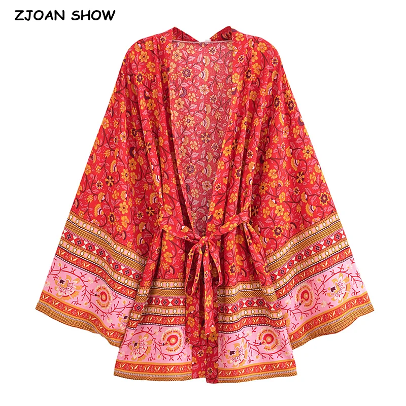 BOHO Women Red Flower Print Kimono Cardigan Holiday Contrast Color Cuff Hem Tide Bow Sashes Mid Long Shirt Loose Robe Beach Cape