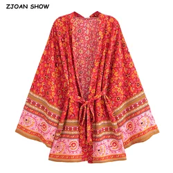 BOHO Women Red Flower Print Kimono Cardigan Holiday Contrast Color Cuff Hem Tide Bow Sashes Mid Long Shirt Loose Robe Beach Cape