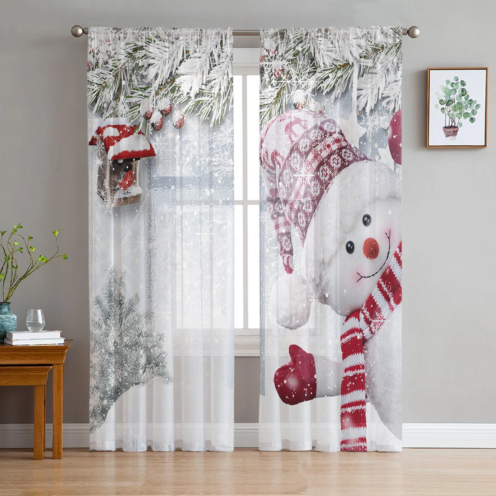 Christmas Winter Snow Scene Snowman Window Tulle Curtains for Living Room Kitchen Christmas Home Decor Sheer Voile Curtains