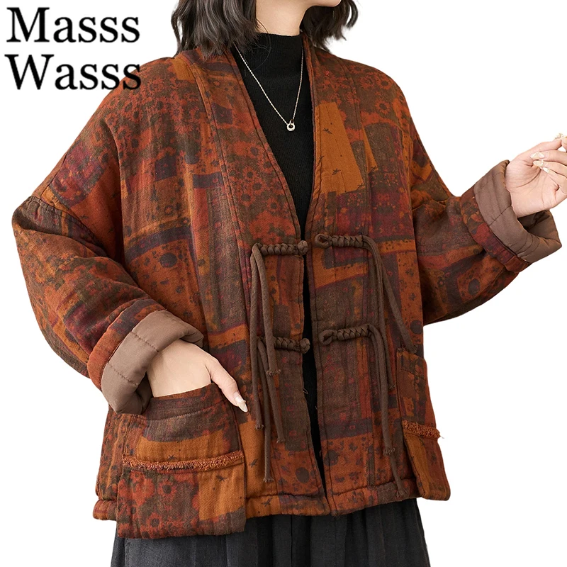 

Mass Wasss, модные зимние винтажные парки с принтом, женские свободные повседневные стеганые куртки, женские модные классические элегантные теплые пальто