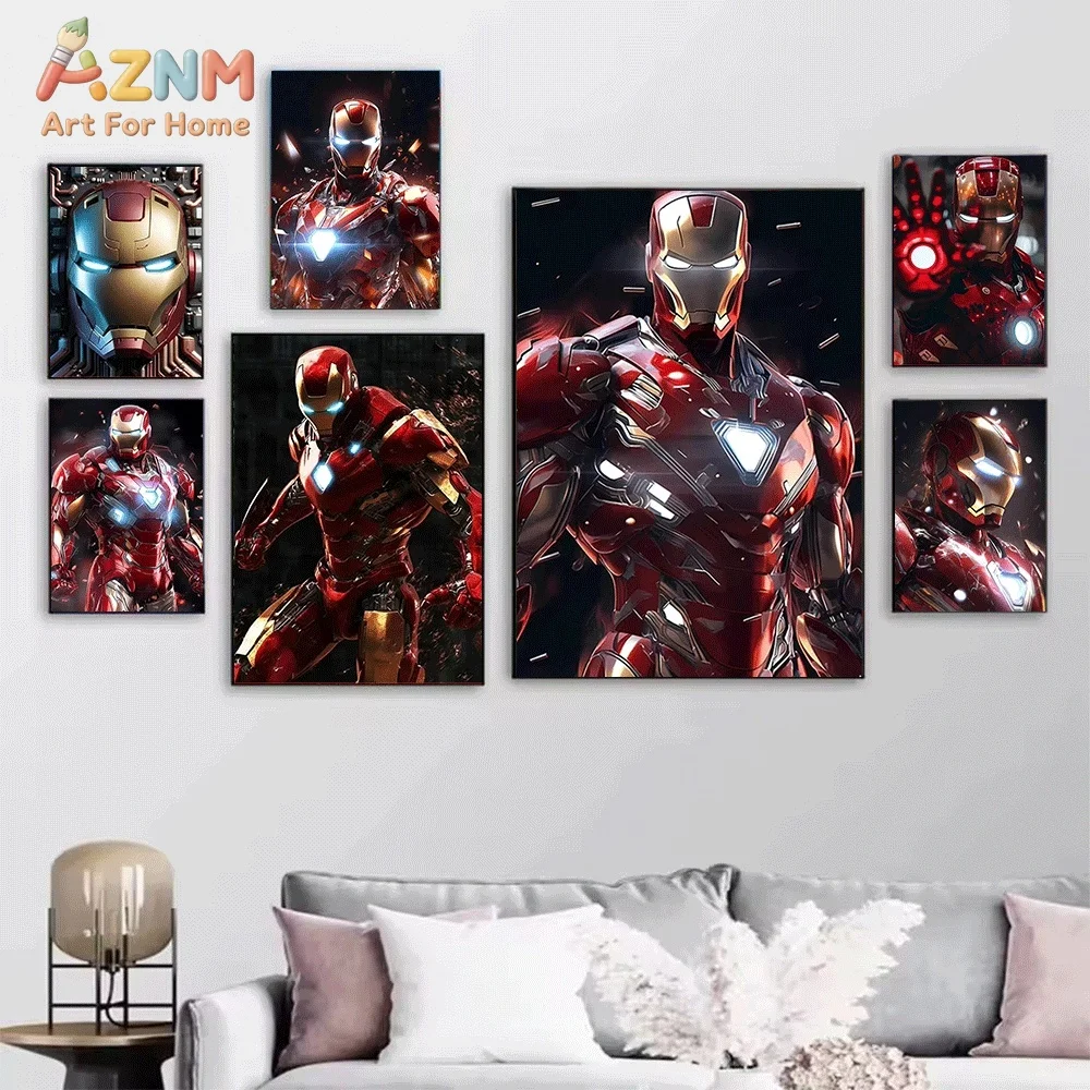 Cool Dark‑Tone Iron‑Man Superhero Canvas Wall Print, Marvel Hero Armor Illustration Art Poster, Unframed Canvas Painting for B