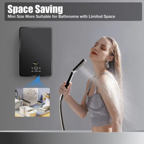 

Черный безрезервуарный электрический водонагреватель из закаленного стекла + нержавеющая сталь - 6500 Вт, 3-секундный быстрый нагрев, устойчивый к ржавчине/износу