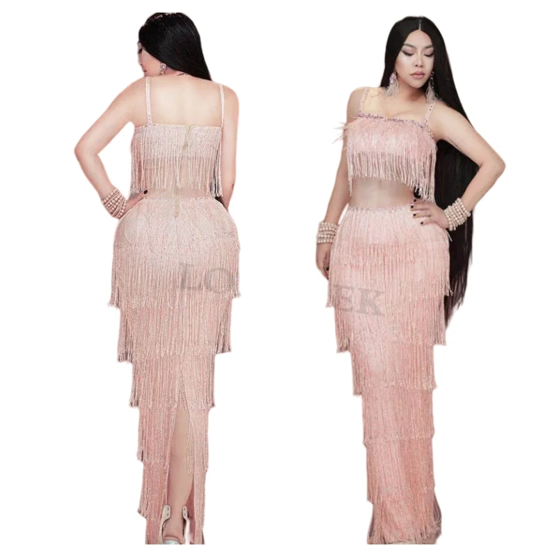 

Sexy Pink Tassel Rhinestones Sleeveless Long Dress Women Evening Party Fringes Sling Dresses Singer Concert Stage Birthday Dress