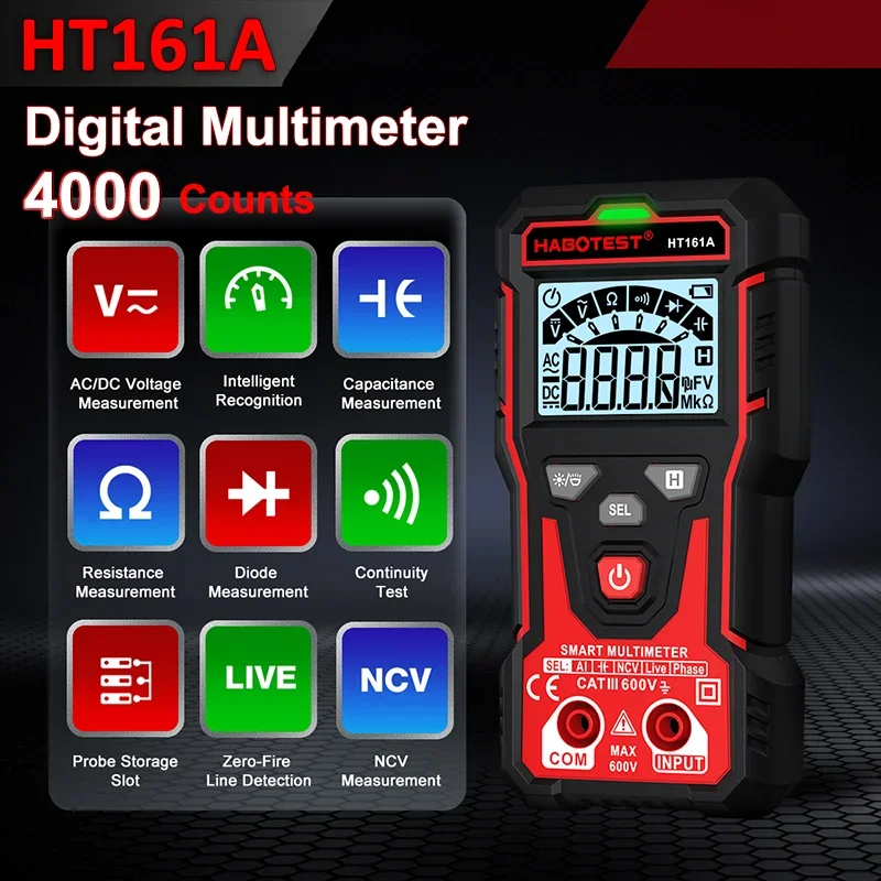

Цифровой мультиметр HT161A TRMS, 4000 измерений, NCV, тестирование емкости и сопротивления, тестер напряжения AC/DC 600В, пробник, мультиметр с автоматическим выбором диапазона