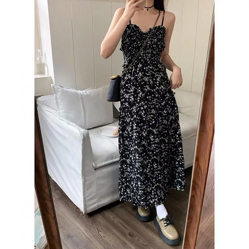 Sweet Black Floral Right Side Split Sleeveless Dress Mid-Calf S-XXL V Neck Halter Summer Spring Lovely Cute Party Stylish