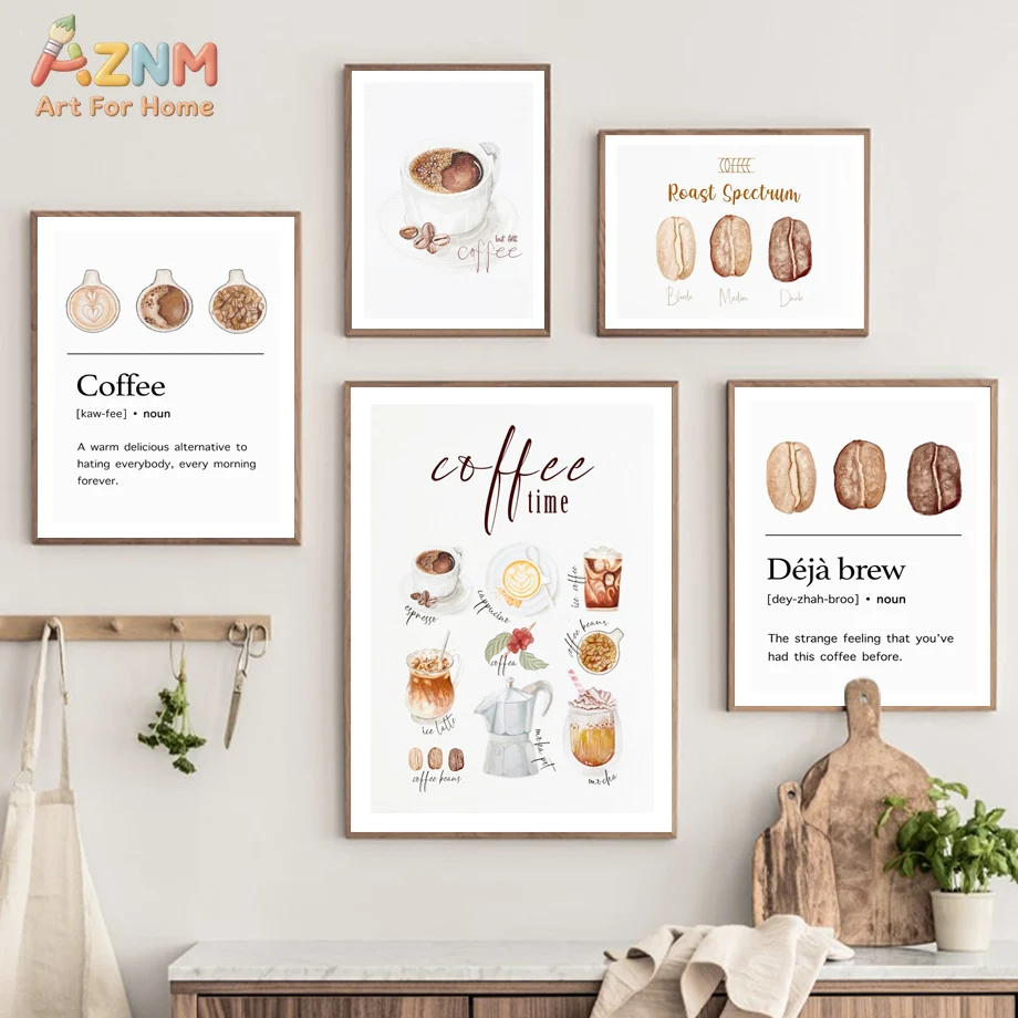 AZNM Watercolor Coffee Themed Canvas Wall Art, Coffee Roast Spectrum Caffeine Molecule Print, Unframed Kitchen Cafe Decor Poster