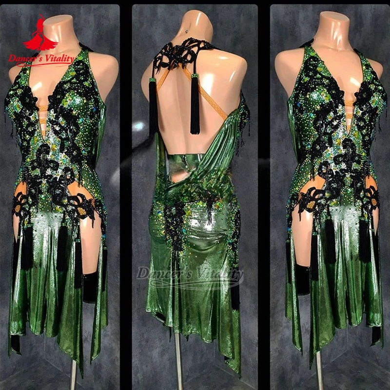 Teenagers Chacha Jive Samba Backless Dresses Adult Latin Dance Contest&Perform V-neck Clothes Advanced Custom Dancer's Vitality