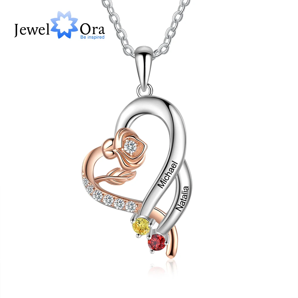 

925 Sterling Silver Personalized Engraved Name Heart Pendant with Rose Flower Custom Birthstone Necklaces for Women Xmas Gift