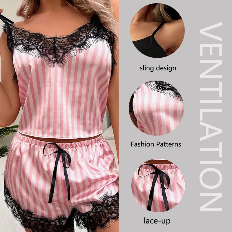 2PCS/Set Women Pyjamas Halter Vest Shorts Europe Solid Striped Ladies Lace-Up Fashion Sexy Lace Suspenders Soft Casual Homewear