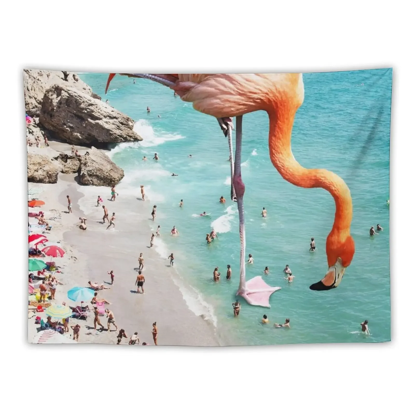 

Flamingos on the Beach, Wildlife Surrealism Birds, Nature Flamingo Fantasy Beach Summer Photography Tapestry Wallpaper Tapestry