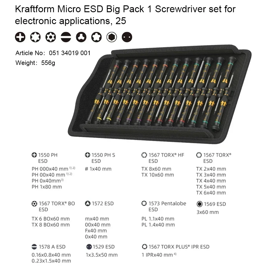 GenuineWERA 05134019001 Tools Precision ESD-safe Micro Screwdriver Set 25Pcs for Electronic Application Anti-Static Hand