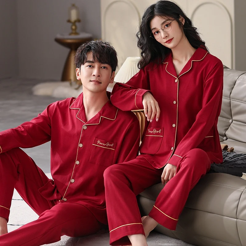 New Autumn Couple Plus Size Long Sleeve Cotton Pajama Sets for Women Red Wedding Celebration Sleepwear Men Homewear Home Clothes