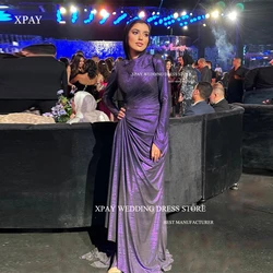 XPAY Shiny Purple Muslim Arabic Women Evening Dresses Long Sleeves Pleats O-Neck Hijab Floor Length Formal Prom Gowns Occasion