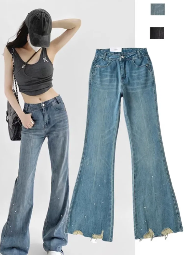 

Джинсы-колокольчики с высокой талией в американском стиле ретро, длинные брюки с потертостями и бриллиантами, длиной до пола, широкие брюки...