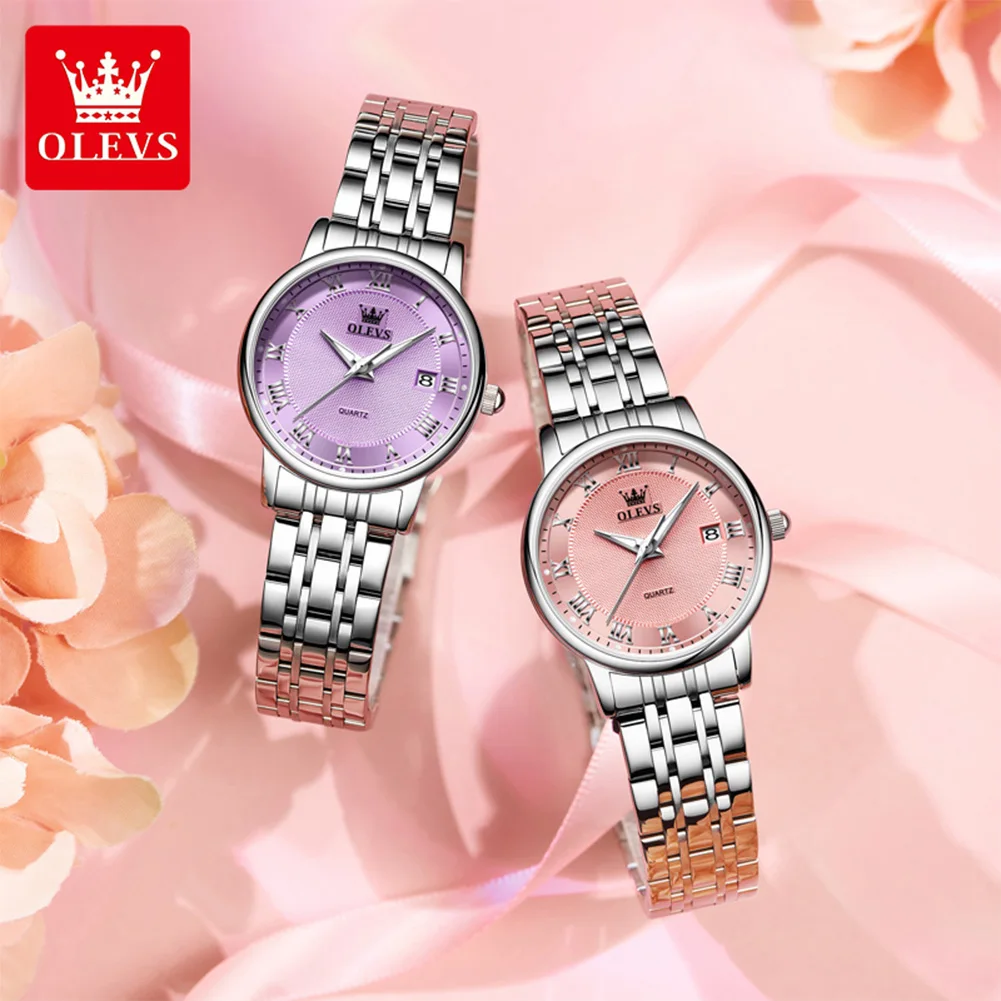 OLEVS Brand Women's Quartz Watches Roman Pink Dial Original Females Wristwatch Elegant Fashion Waterproof Luminous Date Clock