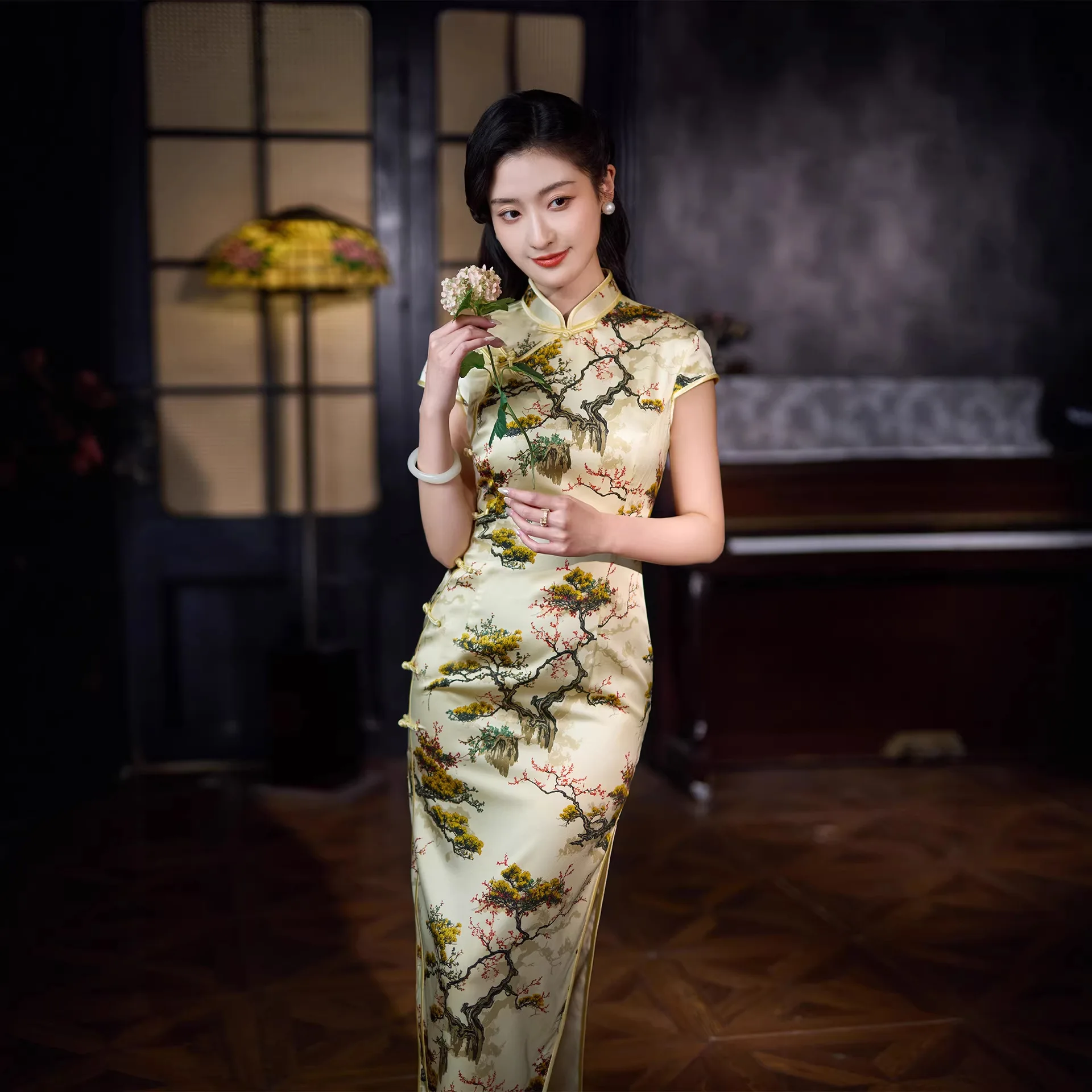 

Silk Chinese Floral Traditional Vintage Modern Cheongsam Qipao Improved Female Retro Fit Dress Long Show Daily Wear