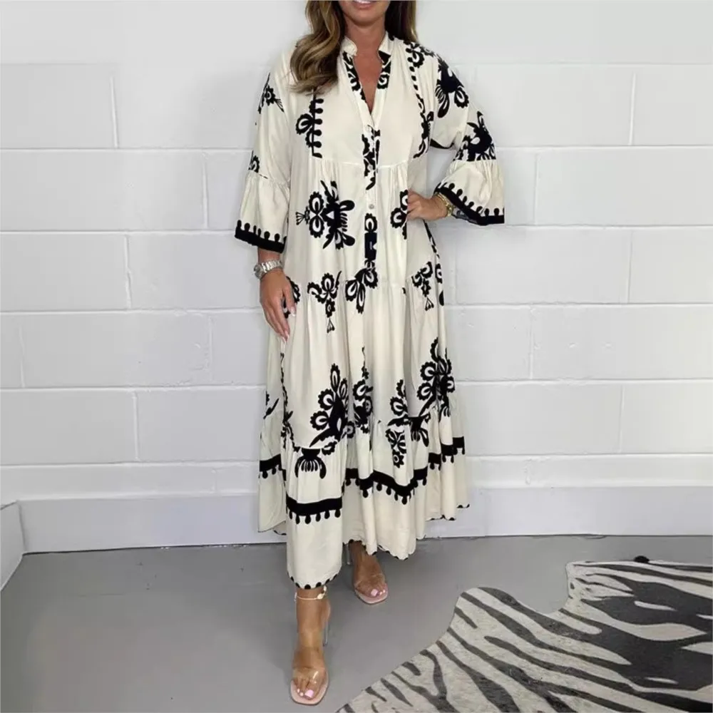 

Bohemian Maxi Dresses Women Standing Collar Printed Long Dress Spring Summer Loose Maxi Dress Casual Holiday Beach Sundress Robe