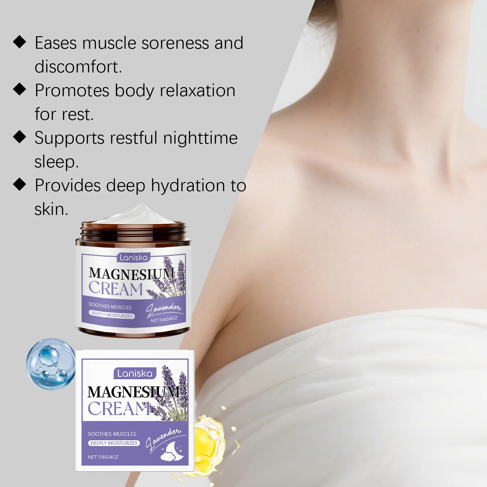 Crème de magnésium à la lavande, apaisante à la tension musculaire, améliore la qualité du sommeil, hydratante et nourrissante pour la peau, crème de Massage pour le corps