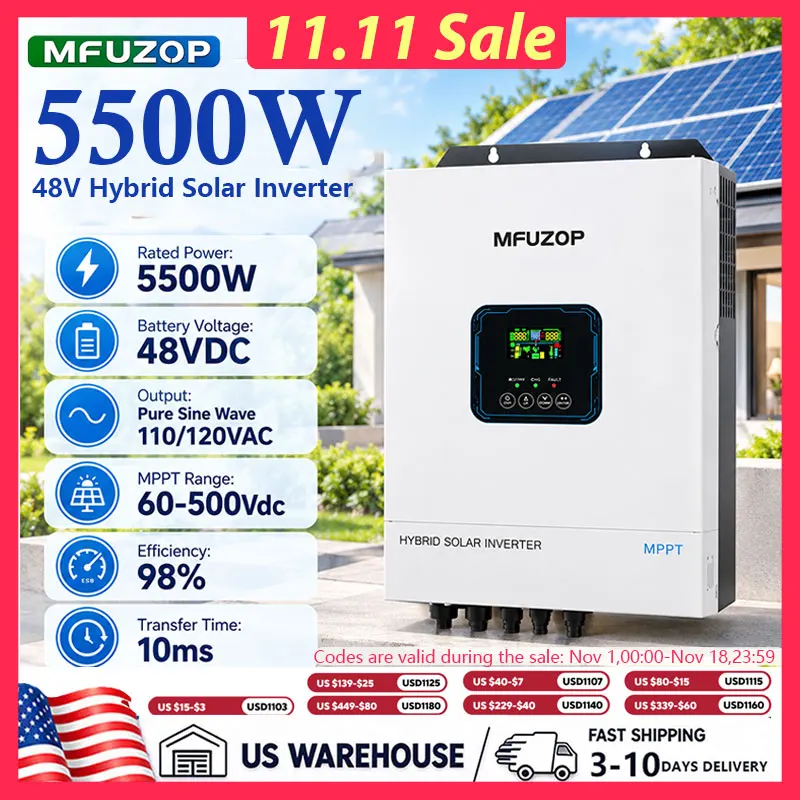 MFUZOP 5500W 48V Hybrid Solar Inverter, 48V DC to 110/120V AC with Built-in Solar Charge Controller for Off-Grid Home Solar Systems