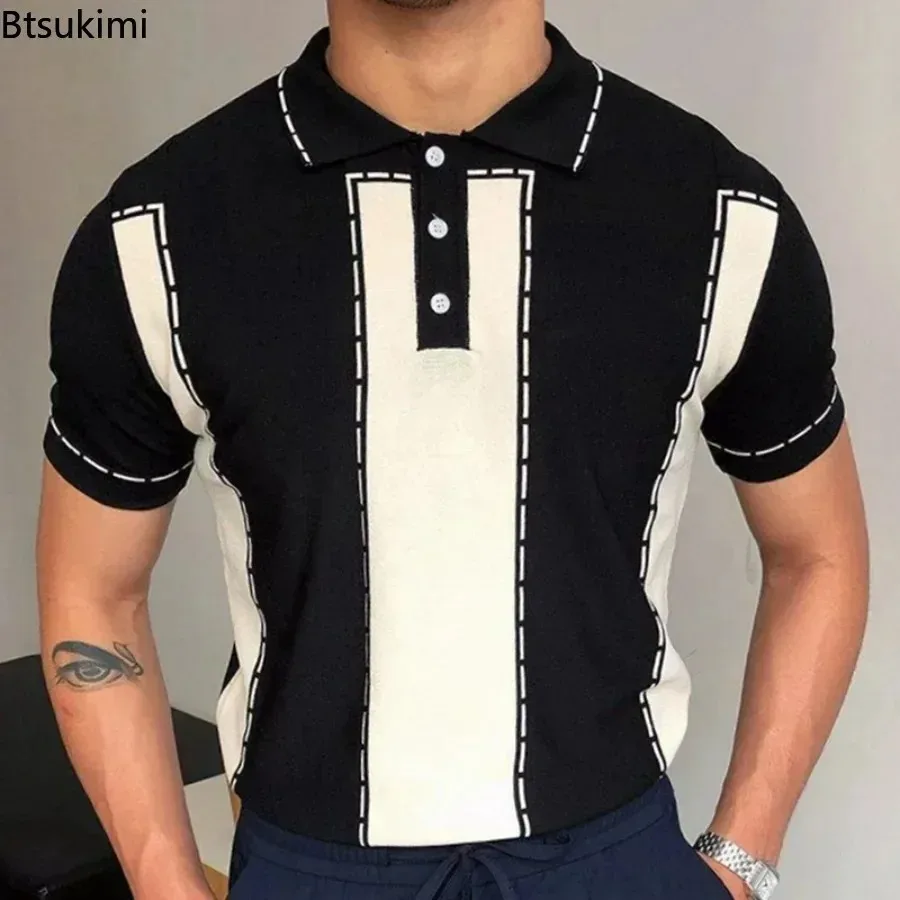 

Men’s Summer Short Sleeve Knitted Polo Shirt Tops Contrast Shirt Casual Shirts Male Lapel Collar T-Shirt Button Casual Tops Men