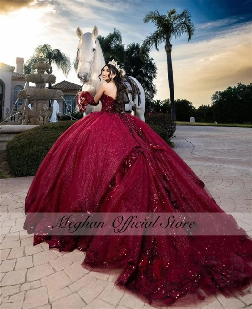 Burgundy Sweetheart Quinceanera Dress 2023 Sequined Birthday Party Gowns Prom Dress With Gloves Ball Gown Sweet 16 15 Customized