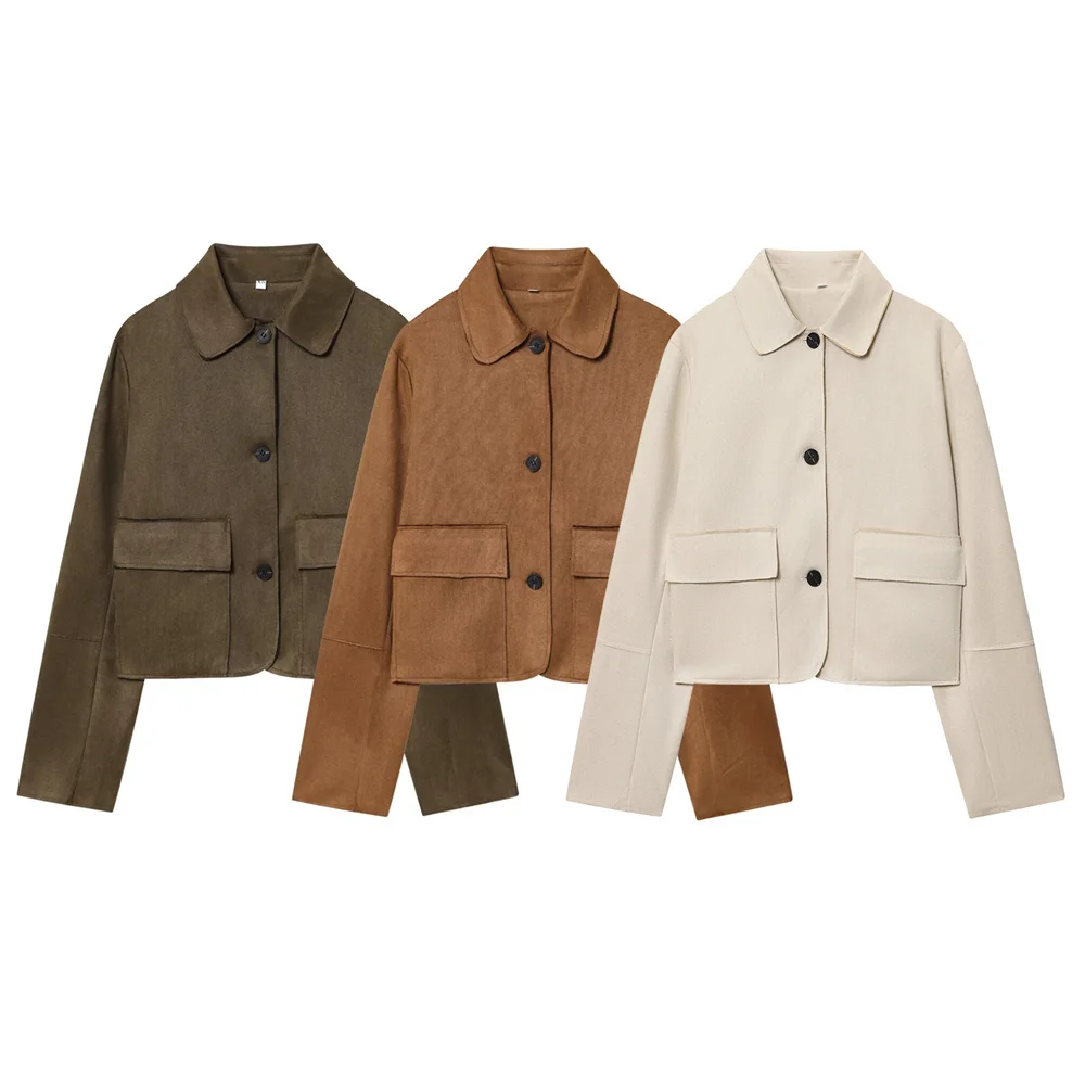 

BMURHMZA women's new casual versatile lapel pocket decoration single breasted anti suede effect short jacket jacket jacket