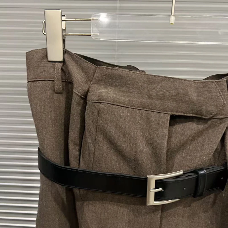 KBQ Solid Casual Minimalist Spliced Belts Pants for Women High Wasit Patchwork Pockets Loose Trousser Female Fashion Style New