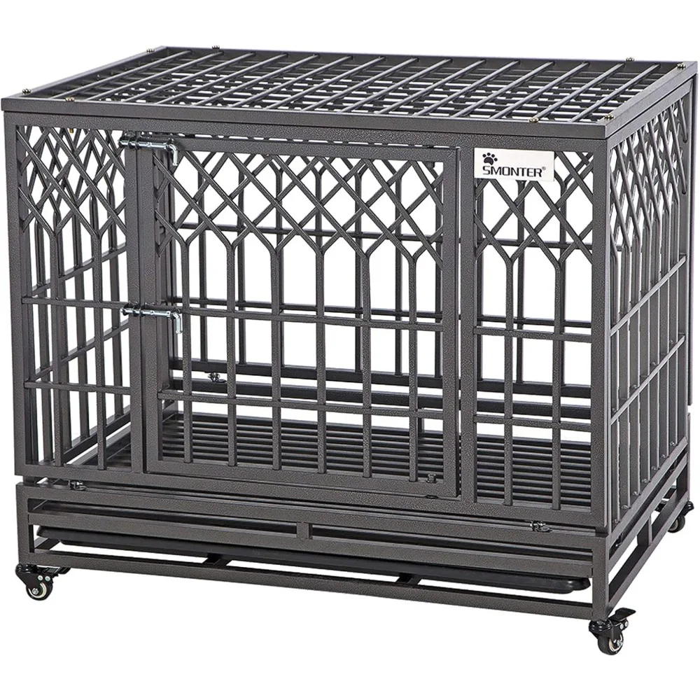 

38" Heavy Duty Dog Crate Strong Metal Pet Kennel Playpen with Two Prevent Escape Lock, Large Dogs Cage with Wheels