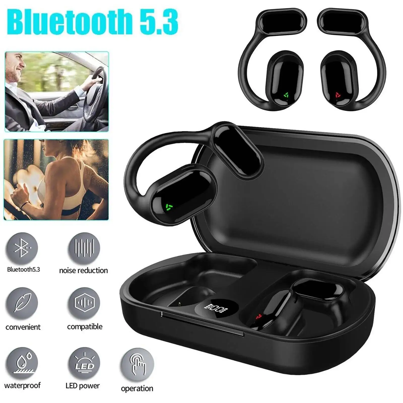 

Open Ear Bluetooth 5.3 Earhook IPX5 Waterproof Sports Digital Screen Headset Wireless Bone Conduction Earbuds Noise Cancellation
