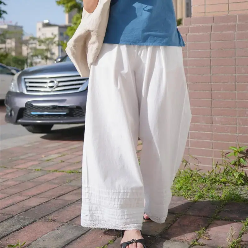 

Новое поступление, весна-лето, стильные женские брюки с эластичной резинкой на талии, свободные брюки в стиле пэчворк, кружевной дизайн, хлопковые белые широкие брюки 7342