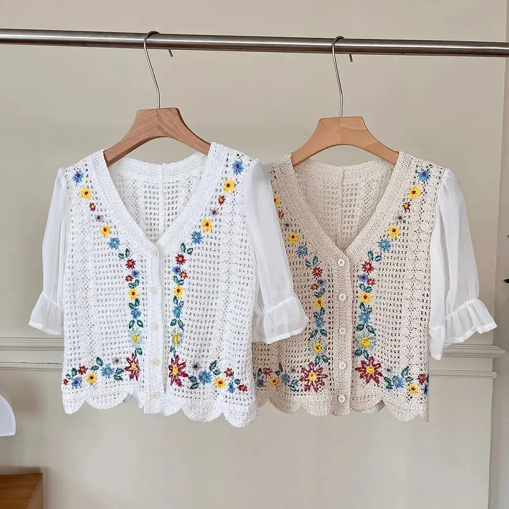 Korean Fashion Crochet Knit Top with Chiffon Sleeve V-neck Women Blouse Cardigan Floral Embroidery Ins Trend Vintage Top