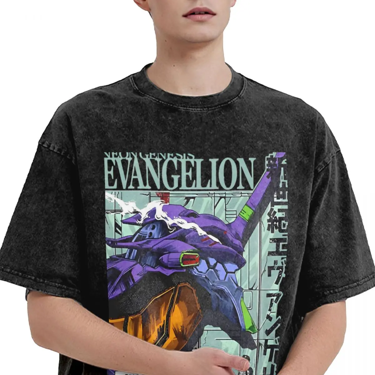 Washed T Shirt Neon Genesis Anime Evangelions Hip Hop T-Shirt Oversize E-EVA Manga Streetwear Short Sleeve Tops Tees Men Women