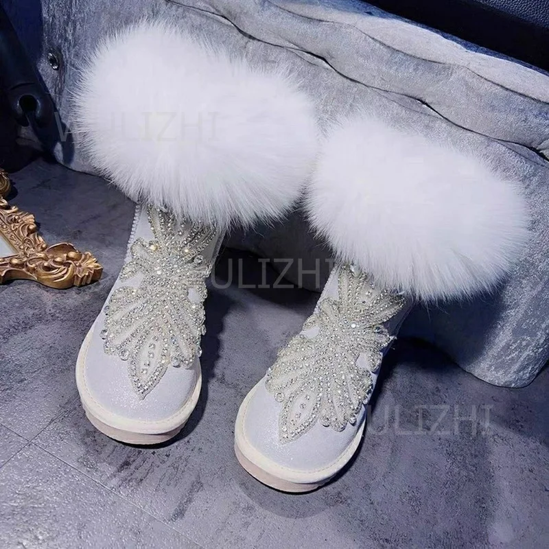 Women Long Pile Crystal Tasseled White Feather Boots Calves Flat Warm Diamond Beads Round Toe Winter Gray Suede Woolen shoes