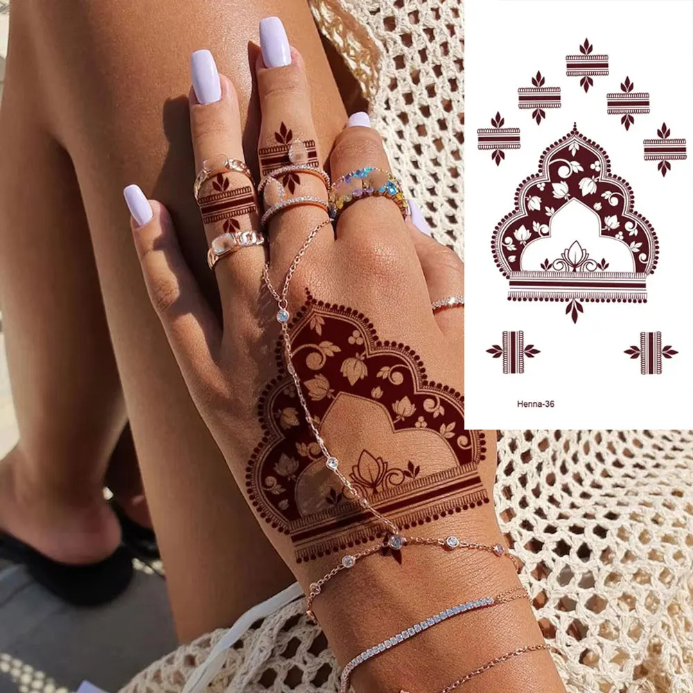ملصقات وشم حناء بني مقاومة للماء للنساء على شكل زهرة وشم مزيف فوري لليد وشم مؤقت لمهرجان الزفاف