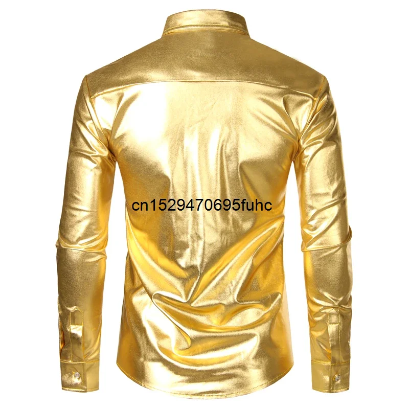 Men\'s Disco Shiny Gold Sequin Metallic Design Dress Shirt Long Sleeve Button Down Christmas Halloween Bday Party Stage Costume