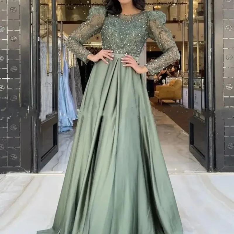 Green Satin Evening Dress Lace Beaded A-line Ball Dress Zipper Customized Long sleeved O-neck Sexy Formal Party Dress 2024