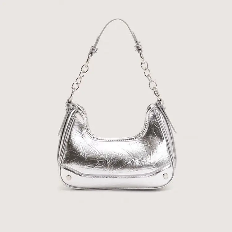 JIAERDI Silver Underarm Bag Women Retro High Street Fashion Chain Casual Shoulder Bag Ladies Harajuku Solid Y2k Bolsa Aesthetic