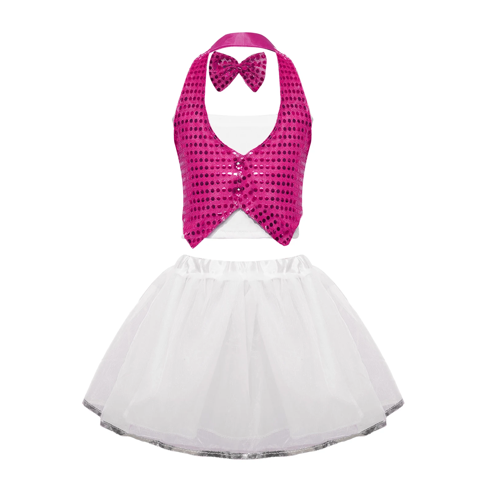 Kids Girls Ballet Dance Outfits Chacha Childrens Day Performance Costume Sequin Halter Self-Tie Vest Tube Top and Tutu Skirt Set