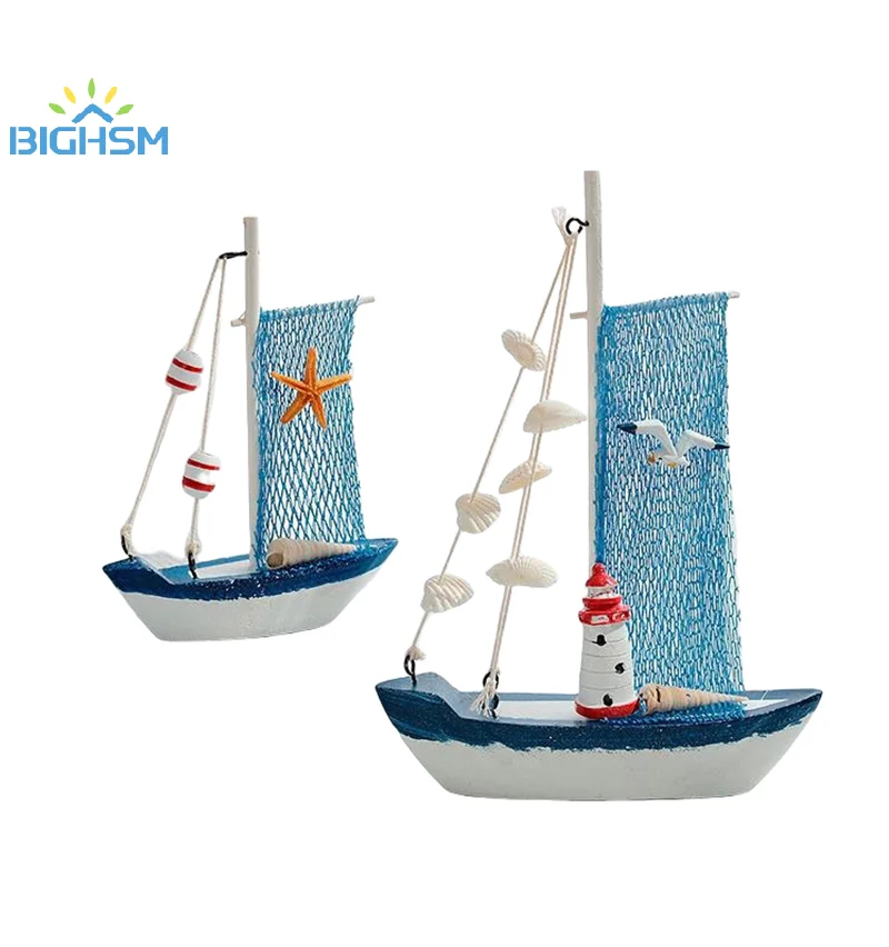 1pc Small Wooden Boat Sea Decoration Boats Ornament Decor Resin Sailboat Model Nautical Themed Decorative Adorn