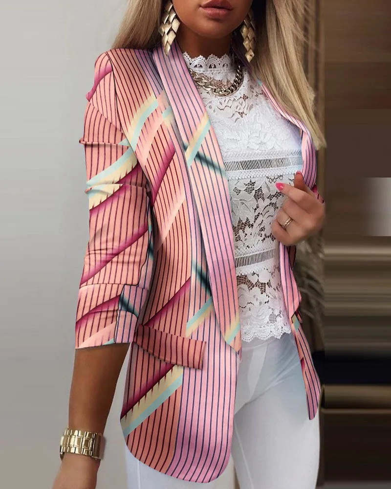 Setelan Lengan Panjang Kasual Pakaian Luar Wanita Kantor 2025 Mantel Blazer Motif Kupu-kupu Kerah Lipat Mode Musim Semi Musim Gugur untuk Wanita