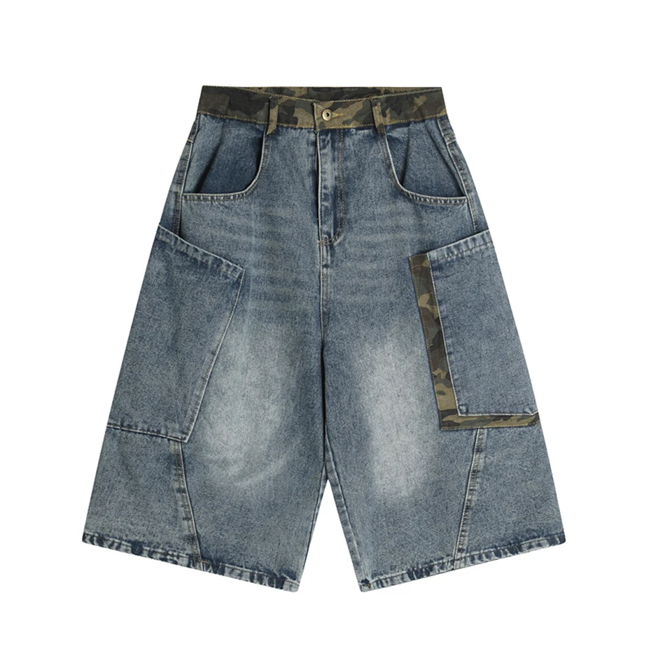 

Mens Camouflage Splicing Denim Short Streetwear Hip Hop Big Pockets Jeans Short Harajuku Vintage Baggy Calf Length Pant Unisex