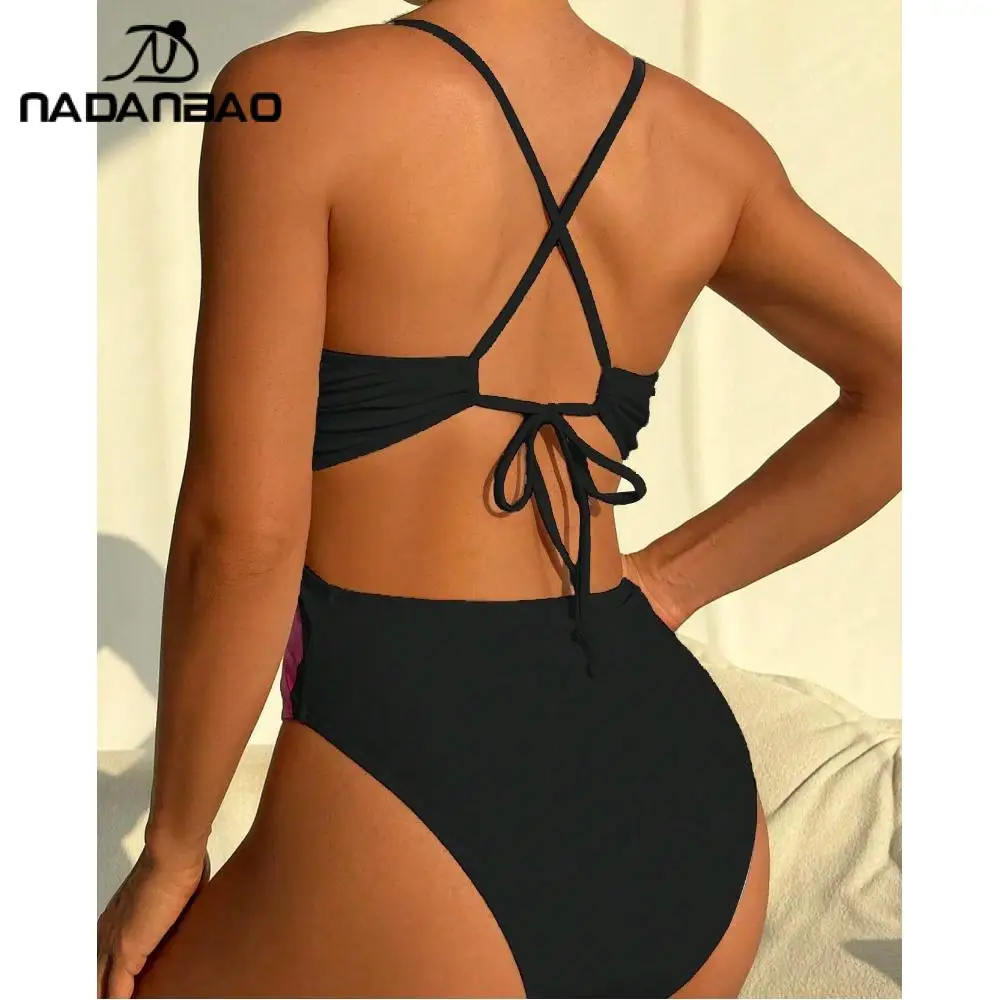 Nadanbao Women Lily Floral Print One-Piece Swimsuit Deep V-Neck Sexy Bikini Strap Triangle Swimwear Vacation Beach Bathing Suit