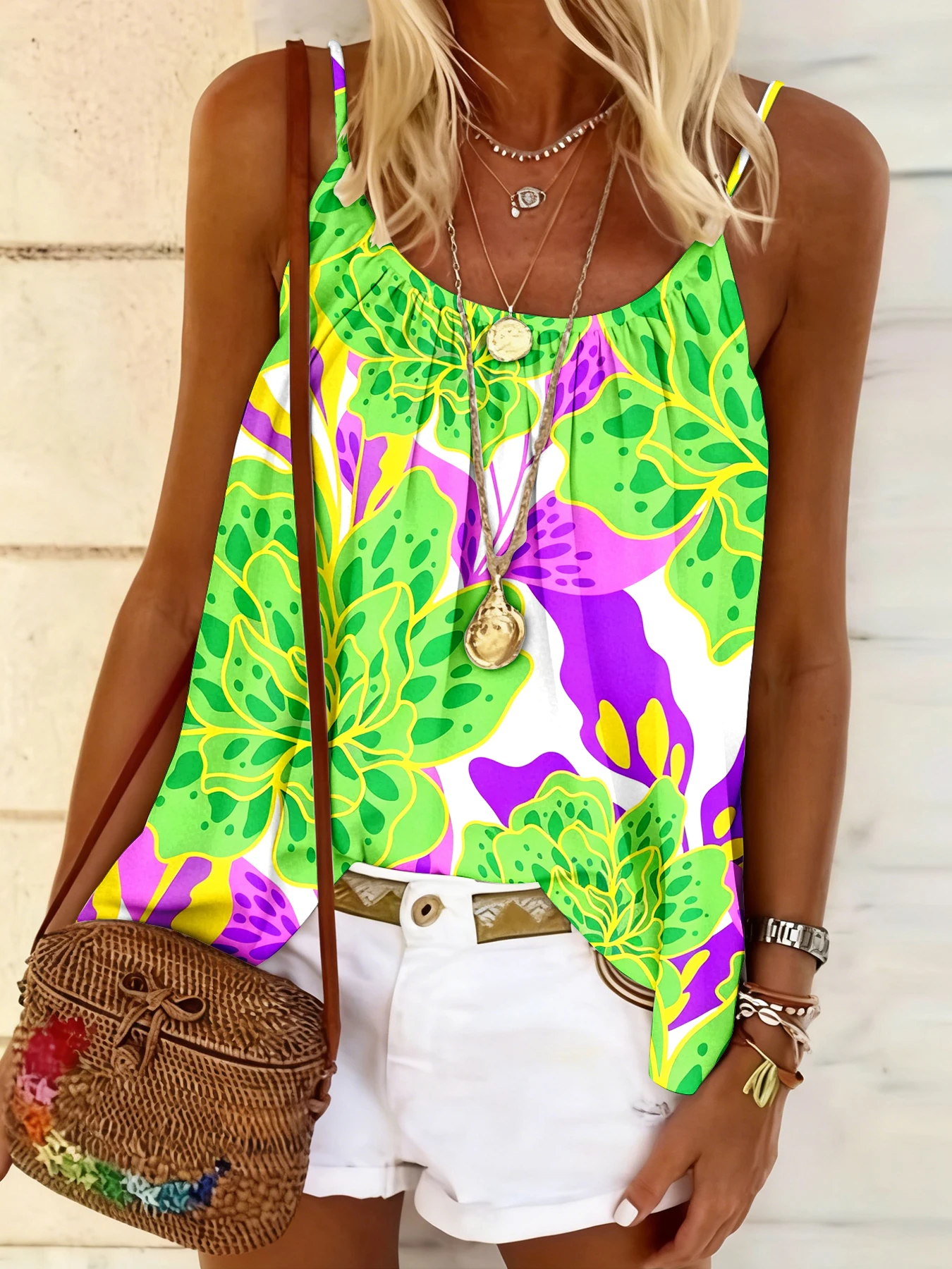 Sommerliches, lockeres Camisole-Top mit Rundhalsausschnitt, bequem, hautfreundlich, lässig, vielseitig, temperamentvolles Oberteil für Damen – Detail 18