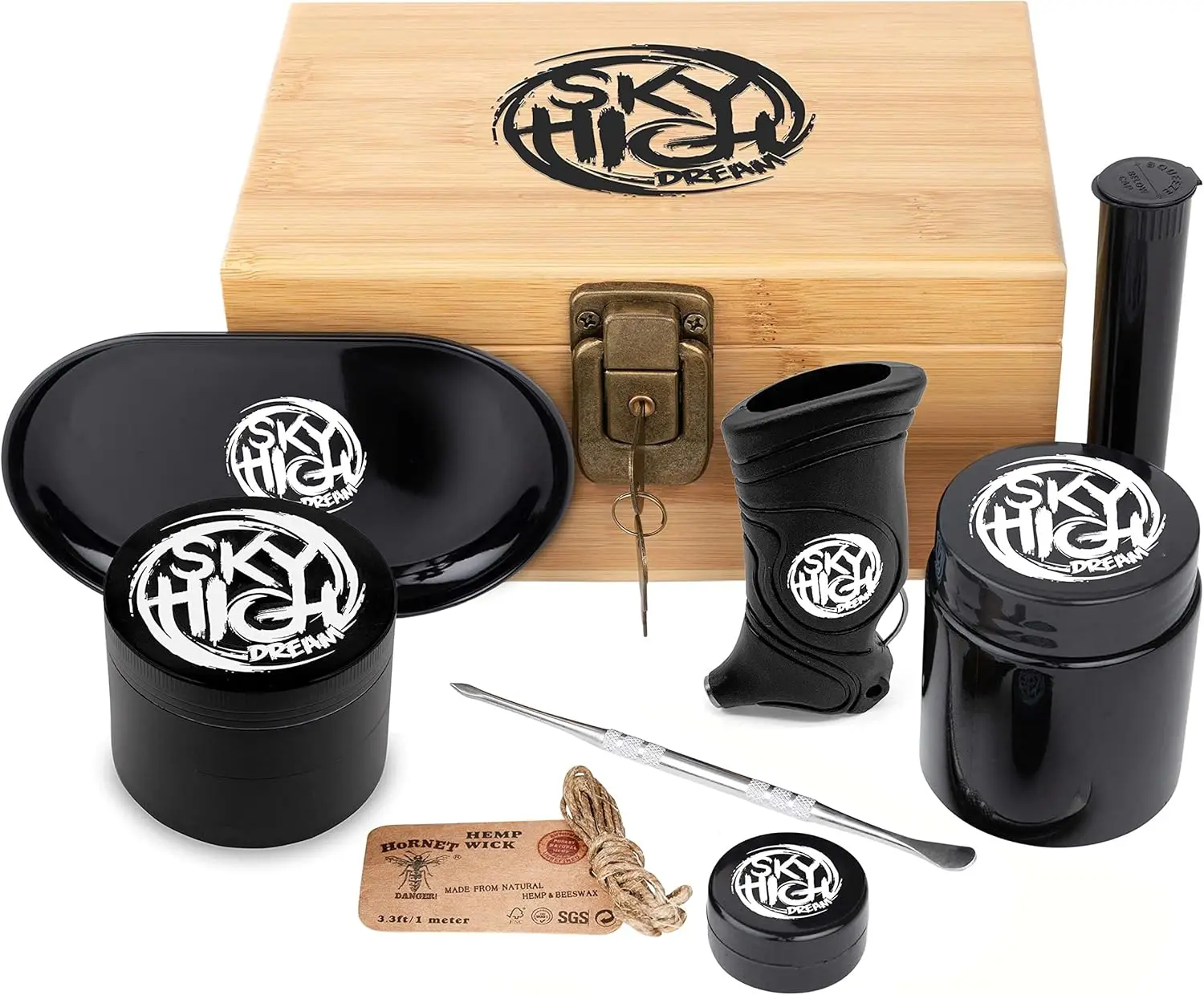 

Odorless Wooden Storage Box with Lock, Tray, Jar & Bag - Portable Case for Accessories