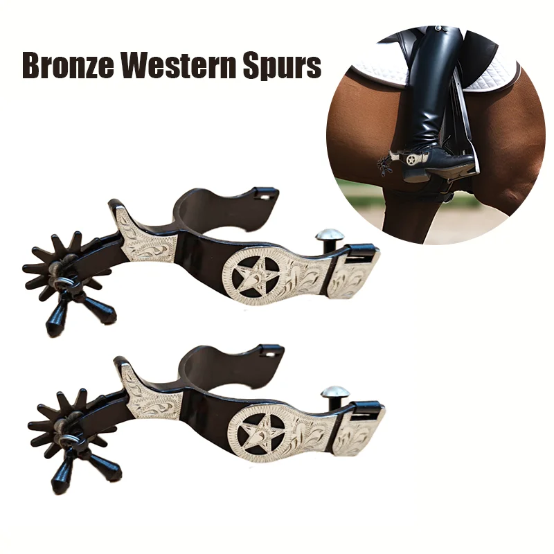 

Classic Western Star Spurs with Engraved Pentagram & Rotating Rowel, Equestrian Training & Competition Horse Riding Spurs