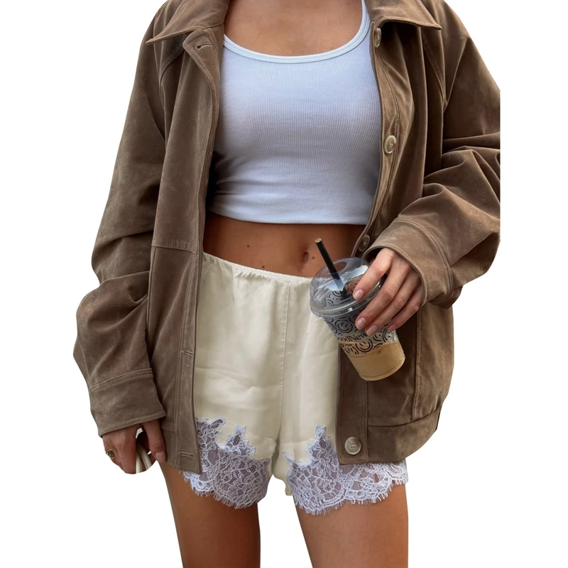Women Satin Silk Lace Trim Shorts Elegant Lady Lace Floral Patchwork Silky Slip Shorts Comfy Pajamas Bottoms Satin Pettipants
