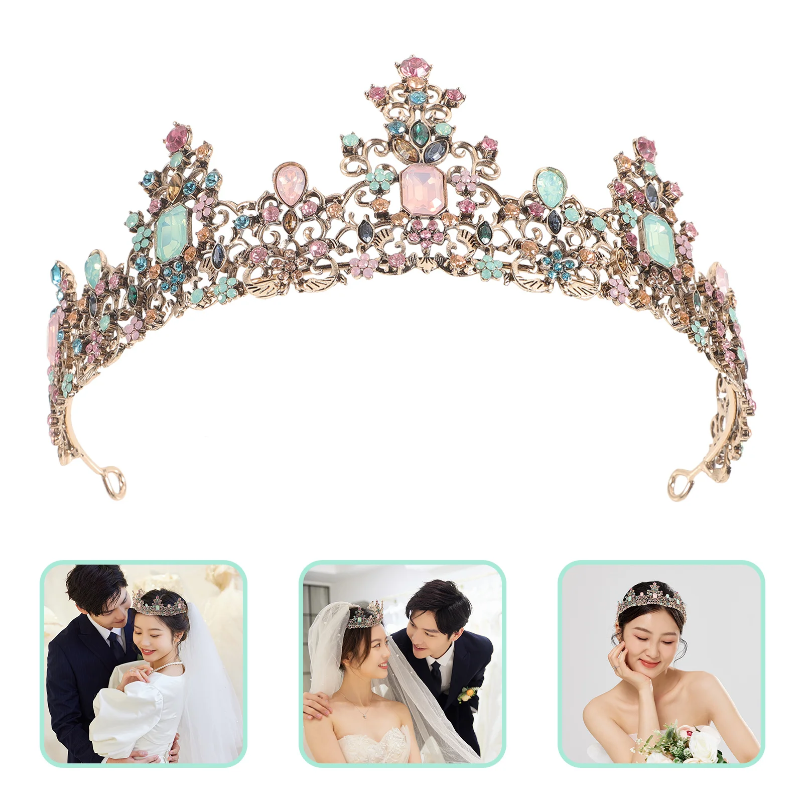 

Retro Colorful Gems Bridal Tiara Crown Wedding Banquets Prom Bridal Headpiece Wedding Hair Accessories Tiaras for Women