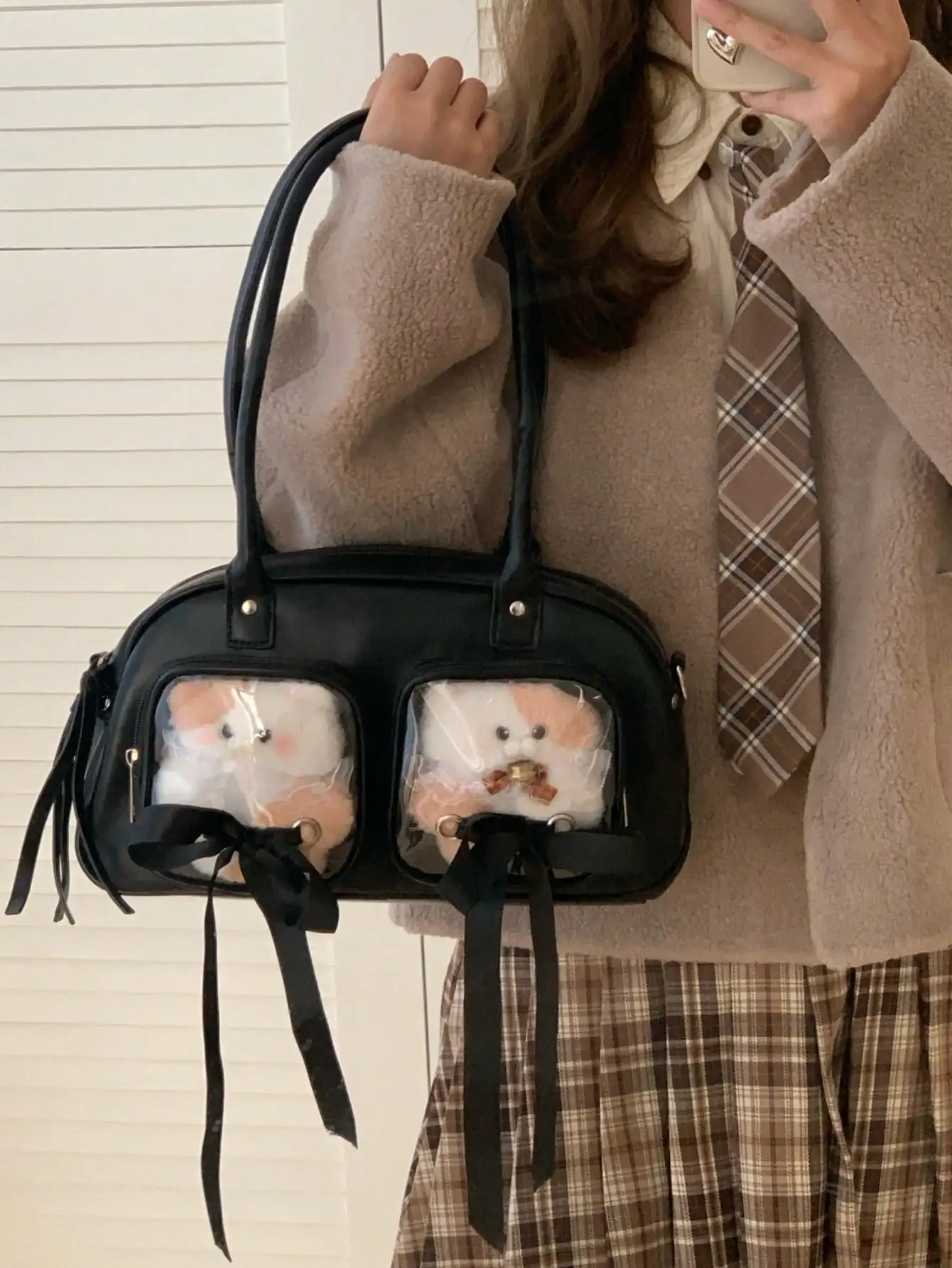 

Black PU Leather Kawaii Bow Transparent Doll Locomotive Bag Large Capacity Casual Shoulder Cross-Body Bag for Women ita bag